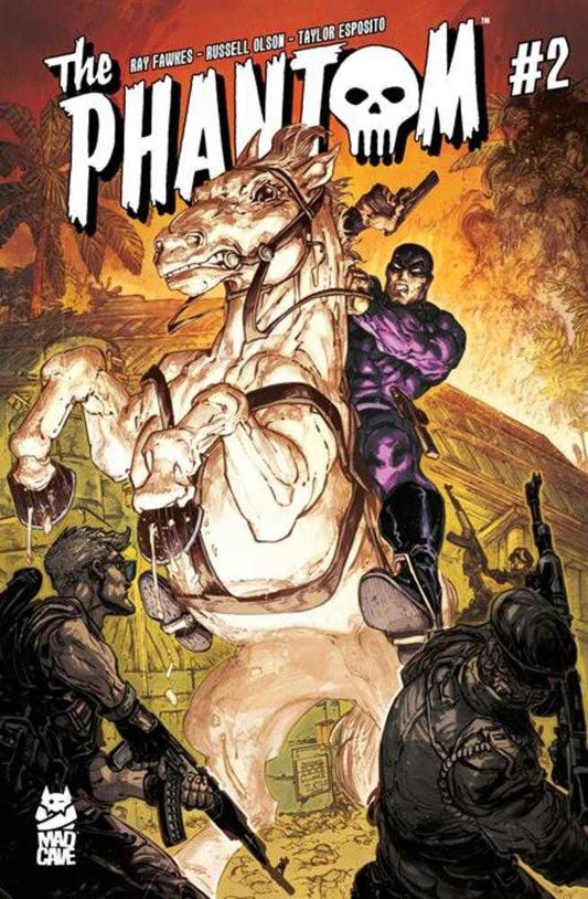Comic book cover featuring a horse-like creature and armed figures with 'The Phantom' title.