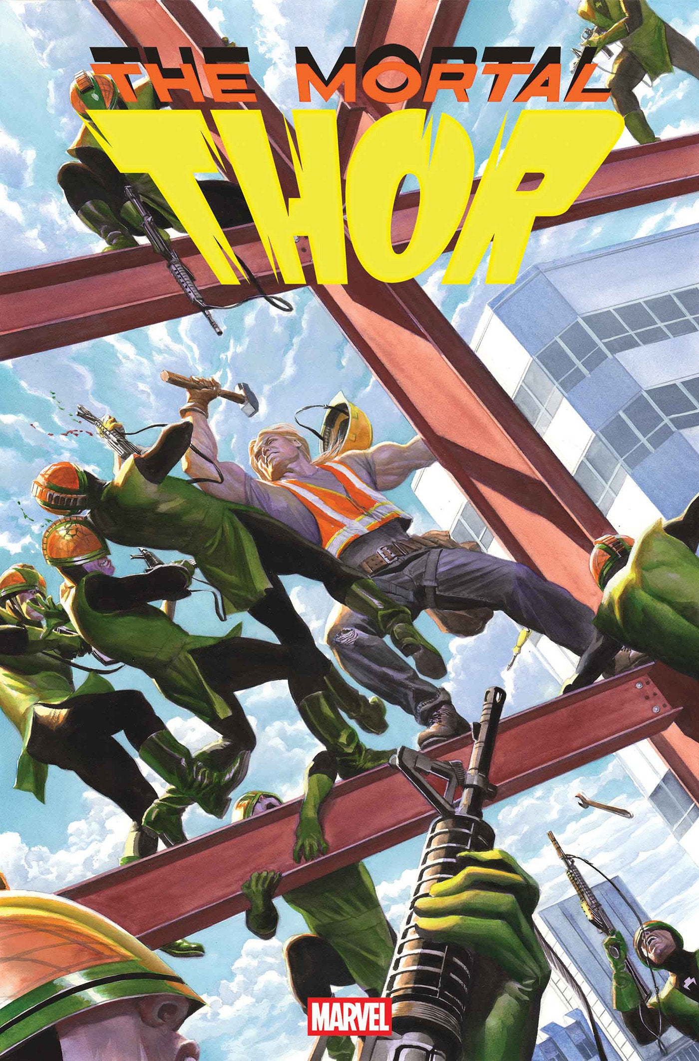Comic book cover featuring 'The Mortal Thor' with characters climbing a bridge.