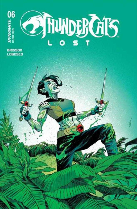Comic book cover of 'ThunderCats Lost' with a character holding swords in a jungle setting.