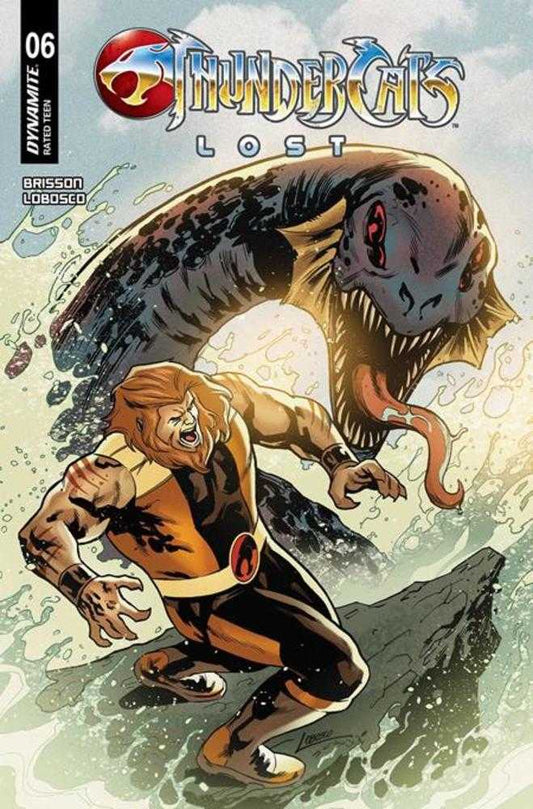 Comic book cover featuring a character from 'ThunderCats' with a large creature in the background.