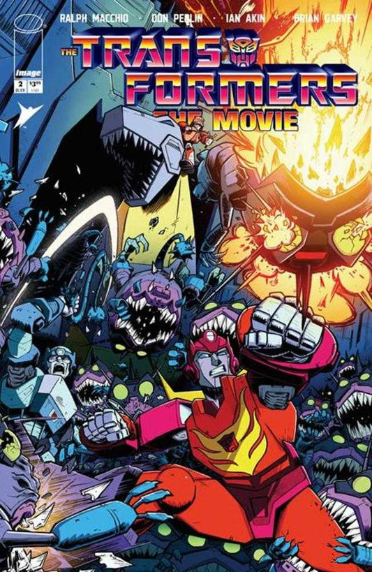 Comic book cover of 'The Transformers: The Movie' with characters and action scenes.