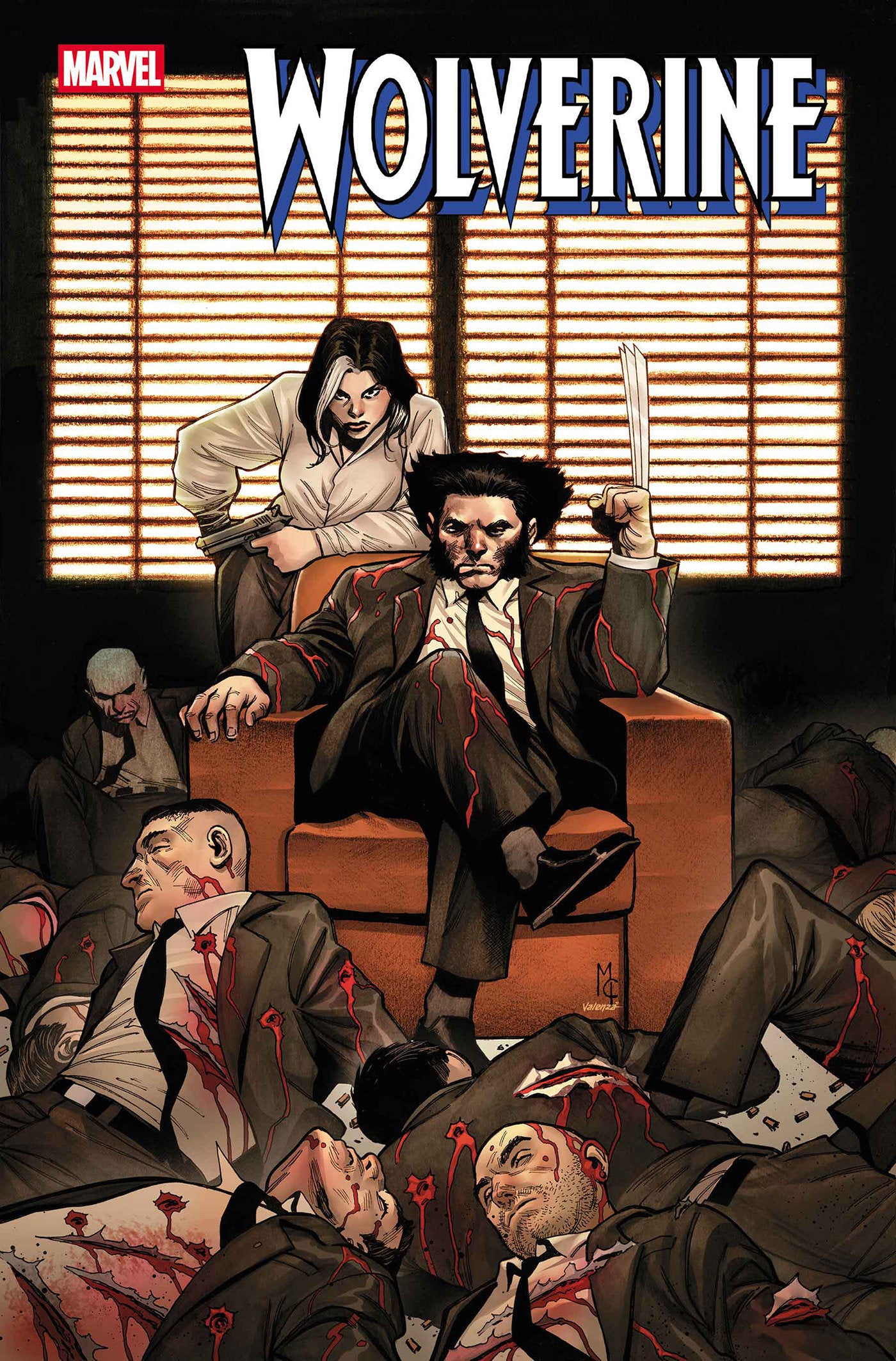Comic book cover featuring a character in a suit with bloodstains, sitting on a couch with other figures around.