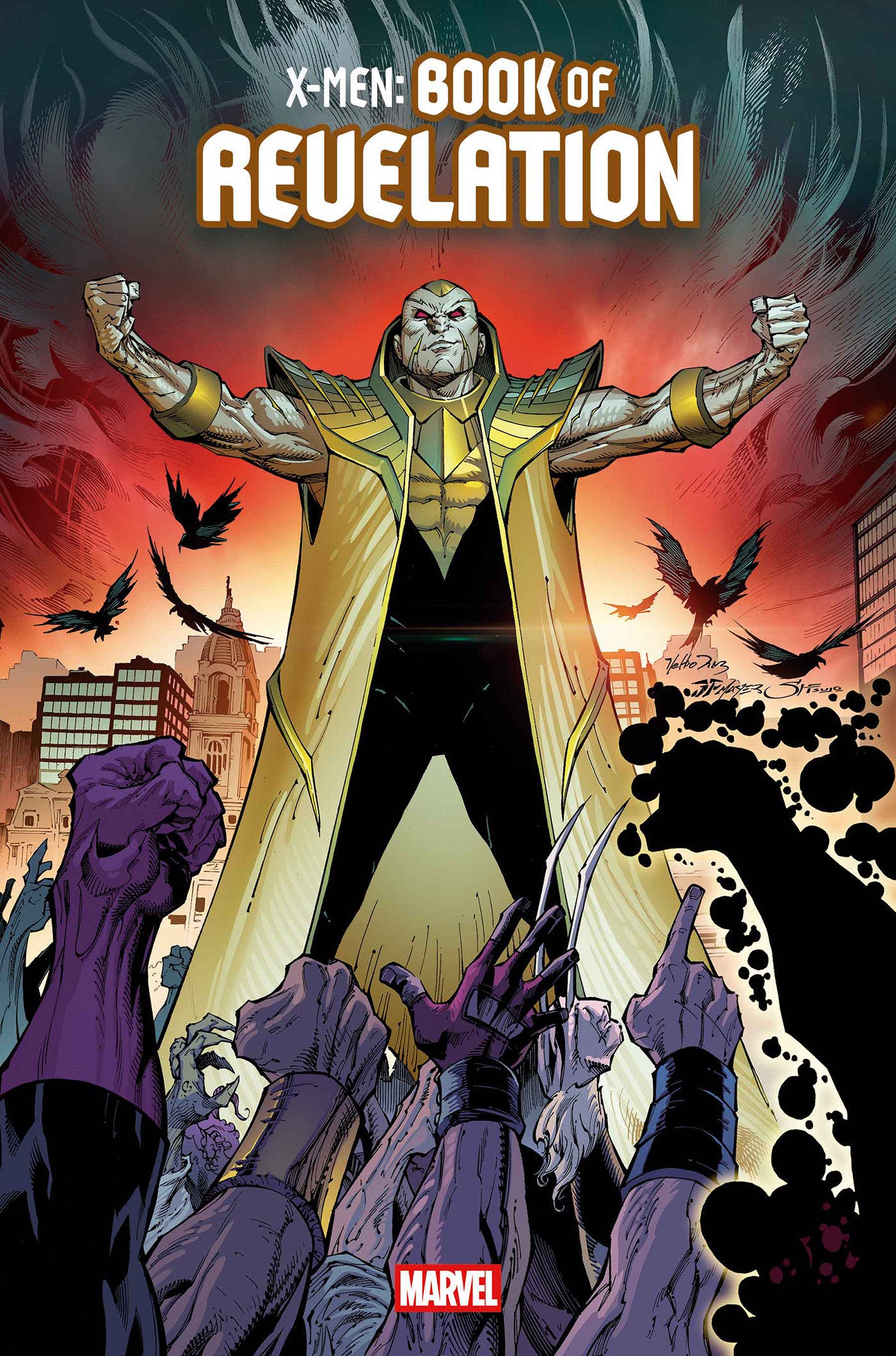 Comic book cover of X-Men: Book of Revelation with a superhero in a gold and black outfit against a cityscape background.